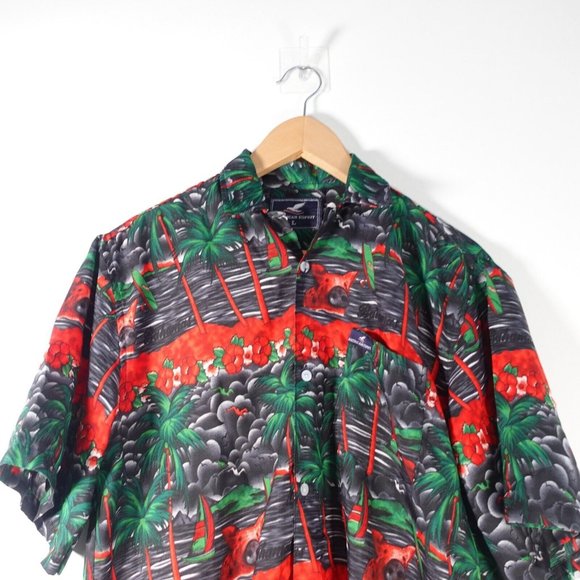 Tropical Mens Shirt Large Hawaiian Camp Black Floral Red Bahamas AMERICAN ESPRIT - Picture 5 of 8